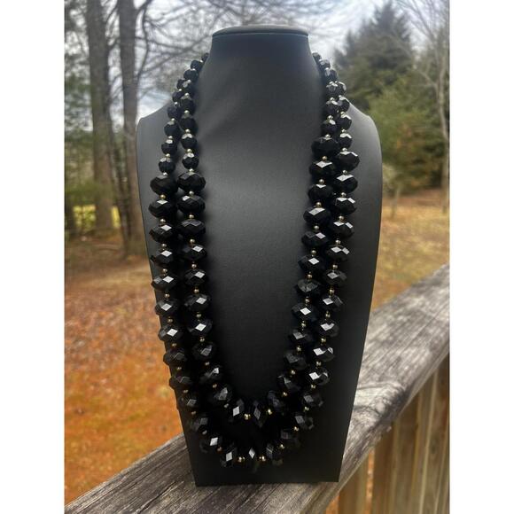 VTG KJL Kenneth Lane Faceted Jet Black Gold Bead Double Strand Necklace 28" Long - Picture 3 of 8